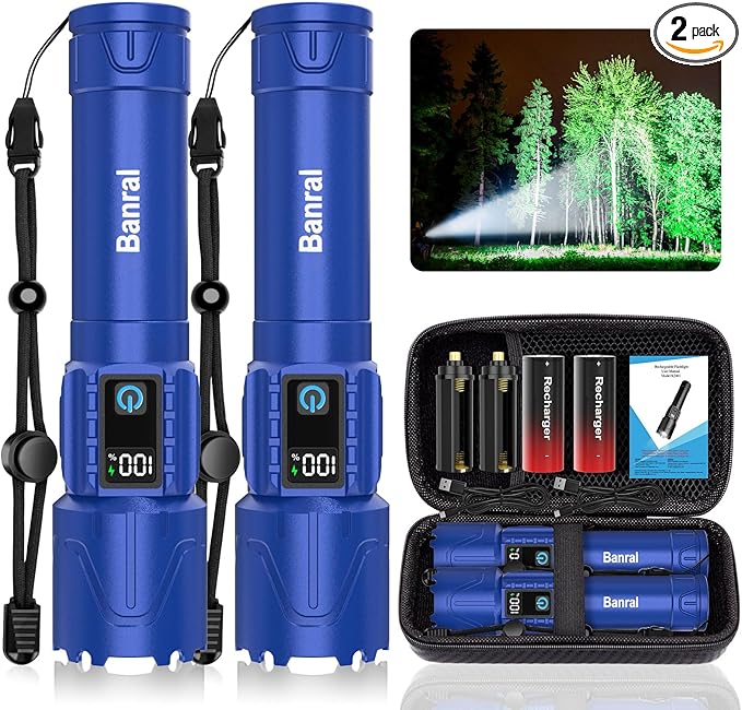 Banral Rechargeable Tactical Flashlights High Lumens - 5000mAh Super Bright LED Powerful Flash Light, Waterproof Handheld USB C Flashlight for Home,Car,Camping,Emergencies,5 Modes,Zoomable (2, Blue)