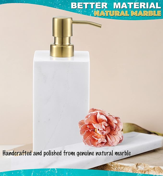 LAGOM HOUSE Marble Soap Dispenser with Gold Stainless Steel Pump top White Italian Natural Stone Marble Liquid Hand Soap Dispenser Decorative Bottle for Kitchen Bathroom Countertop