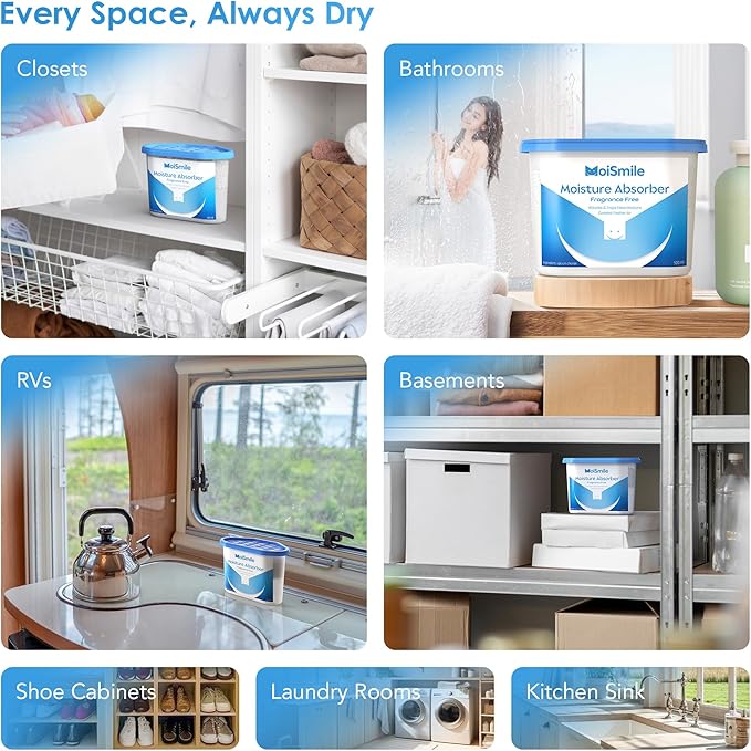 Moisture Absorbers 6 Pack, Fragrance-Free Closet Dehumidifier for Bathroom, Car ＆ Basement, 10.5 oz Refillable Humidity Absorber Boxes