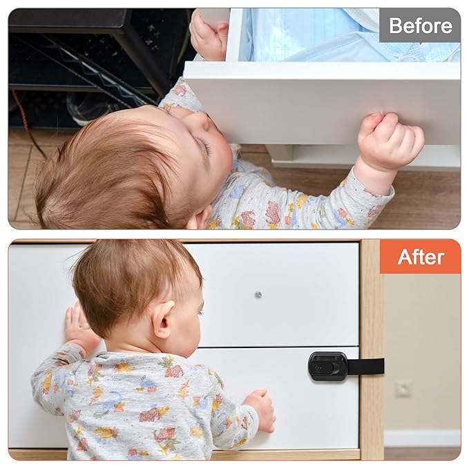 Child Safety Strap Locks 12 Pack Child Safety Locks Baby Proofing Drawers Locks Coolrunner Child Locks for Drawers, Cabinets, Dishwasher, No Tools or Drilling Required (Black)