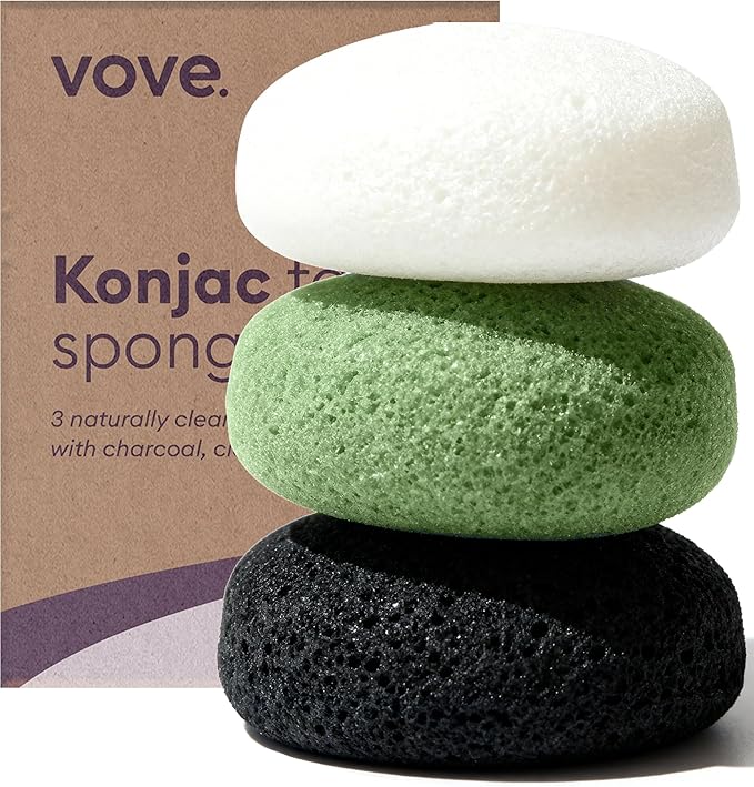 Vove Organic Konjac Facial Sponges 3-Pack - Natural Face Exfoliating Sponges with Bamboo Charcoal & Green Clay, Gentle Cleansing for All Skin Types, Natural Vegan Skincare, Certified Organic
