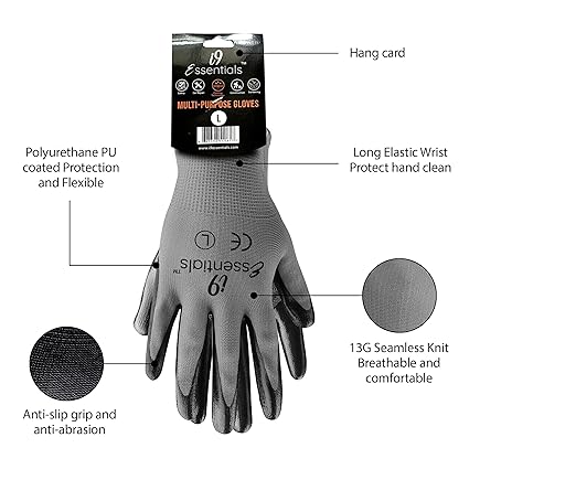 I9 Essentials 12 Pairs Nitrile Coated Work Gloves – Lightweight Grip Safety Gloves for Construction, Gardening, Warehouse, Carpentry & General Work (Large, Black/Gray)