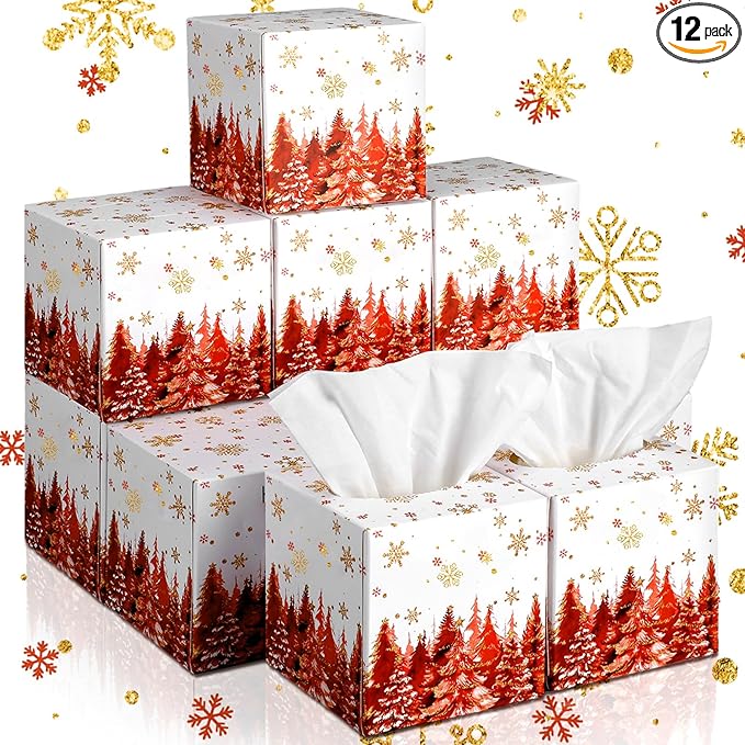 Bencailor 12 Pack Snowflake Facial Tissues Cube Boxes Winter Christmas Tree Square 600 Sheets 3 Ply Small Tissues Cube Boxes for Home Car Accessories(Red,Christmas Tree)