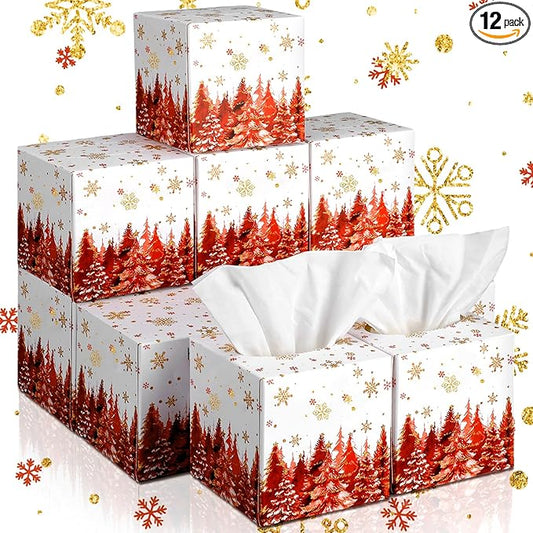 Bencailor 12 Pack Snowflake Facial Tissues Cube Boxes Winter Christmas Tree Square 600 Sheets 3 Ply Small Tissues Cube Boxes for Home Car Accessories(Red,Christmas Tree)