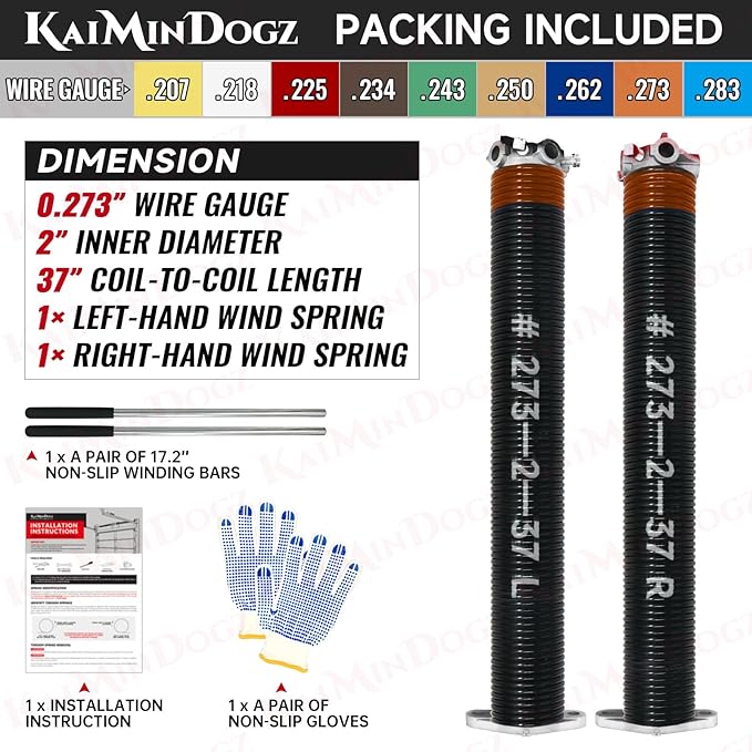 Pair of 2" Garage Door Torsion Springs Set with Non-Slip Winding Bar & Gloves,High Precision Electrophoresis Black Coated, for Replacement & Installation, MIN 16,000 Cycles (0.273x2''x37'')