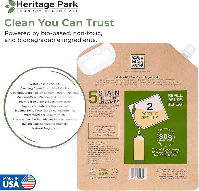 Heritage Park All-Purpose Fragrance Free, Hypoallergenic, pH-Neutral Laundry Detergent - Dermatologist-tested, Sensitive Skin-Friendly, Stain-Fighting Enzymes, 3x Concentrated (64 fl oz Refill Pouch)