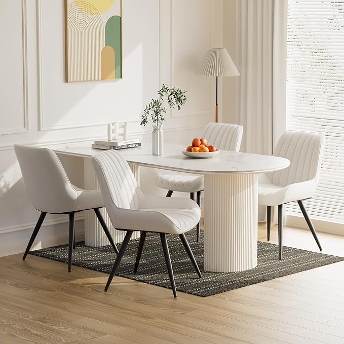 Dining Chairs Set of 2, Mid Century Modern Kitchen Chairs with Soft Cushion, Comfortable Upholstered Fabric Dining Room Chairs for Kitchen, White