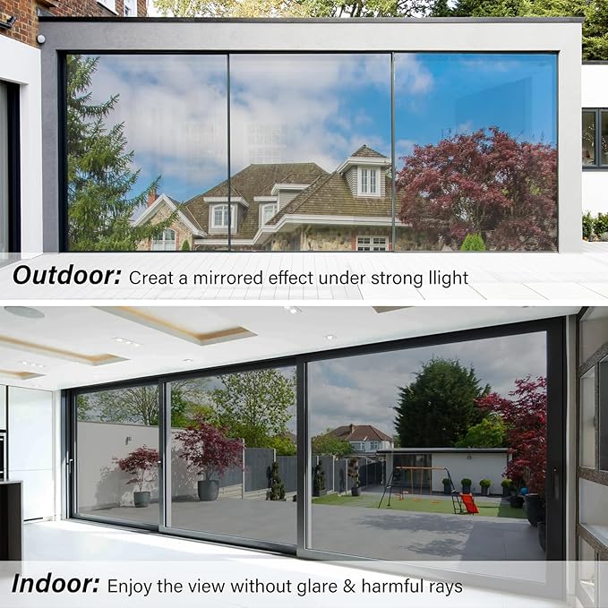 Kromapolis One Way Window Privacy Film Reflective Mirror Home Window Tint, Daytime Privacy Heat Control Anti UV Glass Tinting Static Cling (Silver, 17.5 x 157.4 inch)