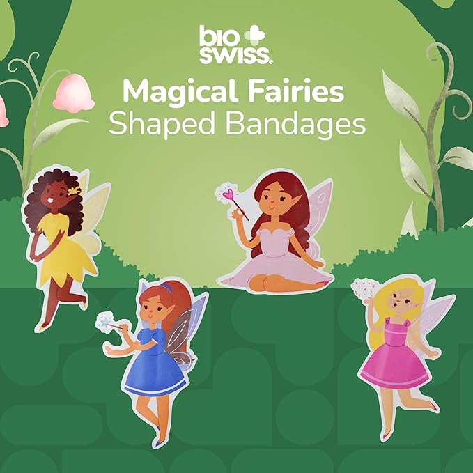 BioSwiss Kids Bandages, Magical Fairies Shaped Self Adhesive Bandage Set, Latex Free, Sterile Wound Care, 50 Count