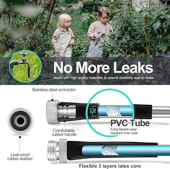 SPECILITE 150ft 304 Stainless Steel Garden Hose Metal, Heavy Duty Water Pipe with Nozzles for Yard, Outdoor - Flexible, Never Kink & Tangle, Puncture Resistant (Sliver)