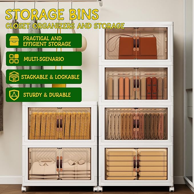 Storage Bins with Lids and Wheels, Collapsible Bathroom Storage Cabinet with Clear Doors, Plastic Stackable Closet Organizers and Storage Containers White 597 QT