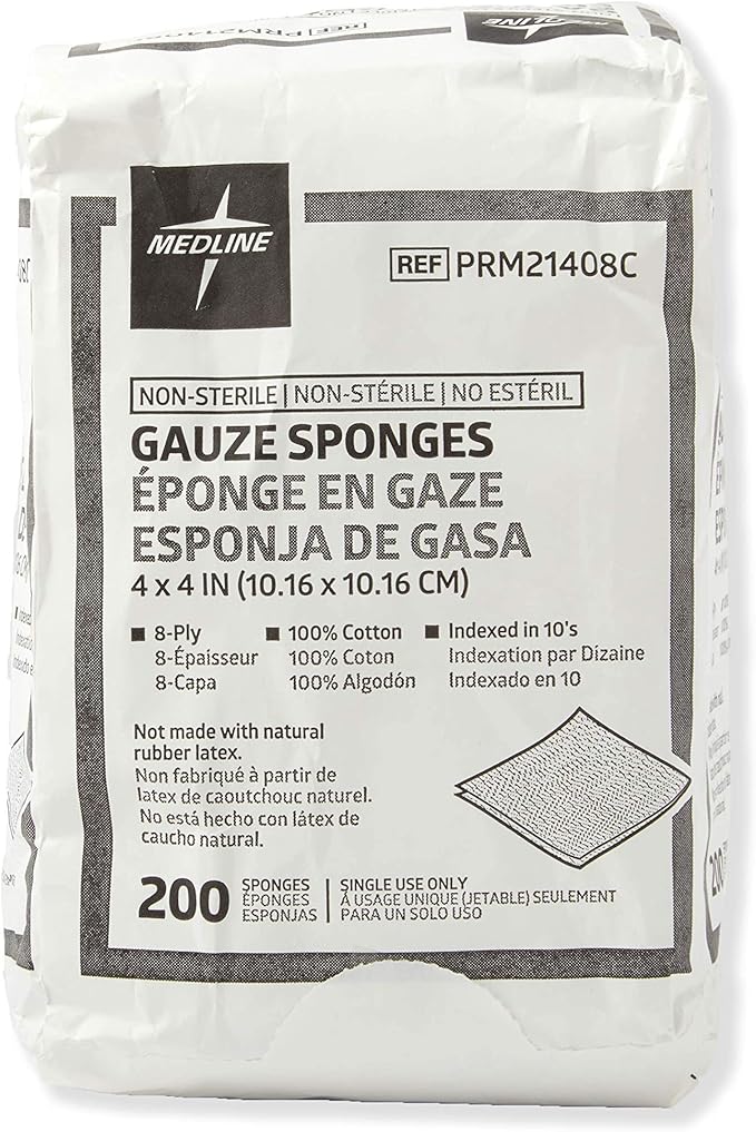 Medline 4 x 4 Inch Gauze Sponges, Non-Sterile 8-Ply Woven Gauze, 100% Cotton, Ideal for Wound Dressing, Wound Care, General First Aid Use, Pack of 200