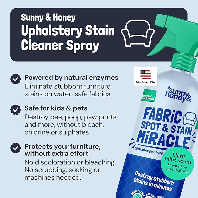 Sunny & Honey Upholstery Cleaner Spray - 32 Fl Oz, Mint - Pet & Kid Safe Stain Remover - Multi-Surface Furniture & Sofa Cleaner Spray - Fast-Drying Pet Stain Remover
