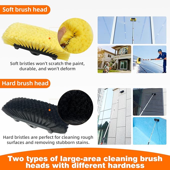 12FT Car Wash Brush with Long Handle, Car Cleaning Brush with 12" Soft Bristle and 12" Hard Bristle, 3-12Ft Telescopic Pole for Scratch-Free Cleaning Truck,RV, Boats,House Siding,Floors,Solar Panels