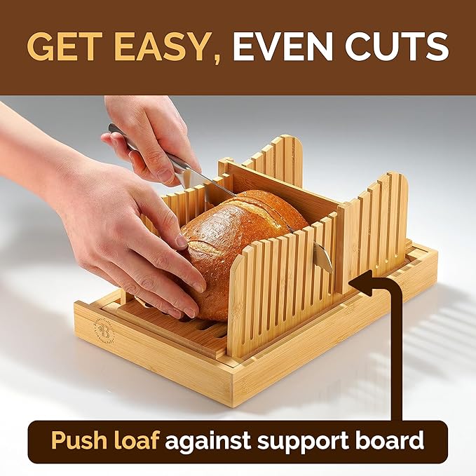 Bread Slicer for Homemade Bread - Adjustable Bamboo Bread Cutter with Knife, Foldable Slicing Guide & Crumb Tray - Bread Loaf Slicer for Sourdough, Cakes, Bagels, Loaves - Kitchen Baking Tool & Gift