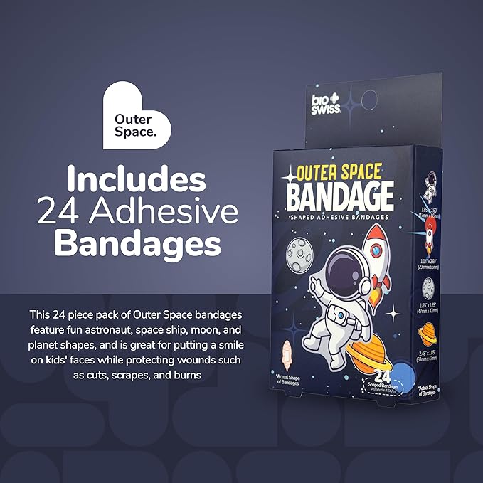 BioSwiss Kids Bandages, Outer Space Shaped Self Adhesive Bandage Set, Latex Free, Sterile Wound Care, 24 Count