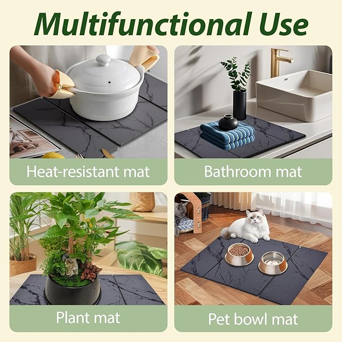 Large Stone Drying Mat for Kitchen Counter, 24"x16" Collapsible Quick Dry Dish Drying Mat, Water-Absorbent Marble Diatomaceous Earth Mats for Bottles Cups Dishes, Match Any Countertop