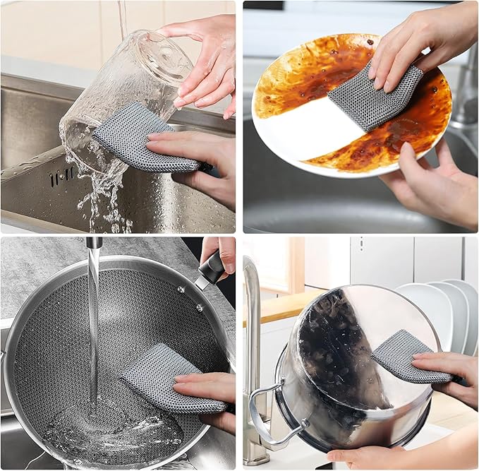 316L Stainless Steel Cast Iron Scrubber Cleaner,Chain Mail Scrubber with Silicone Insert for Cast Iron Skillet, Cleaning Steel Skillet, Wok, Carbon Steel (10CM*12CM)