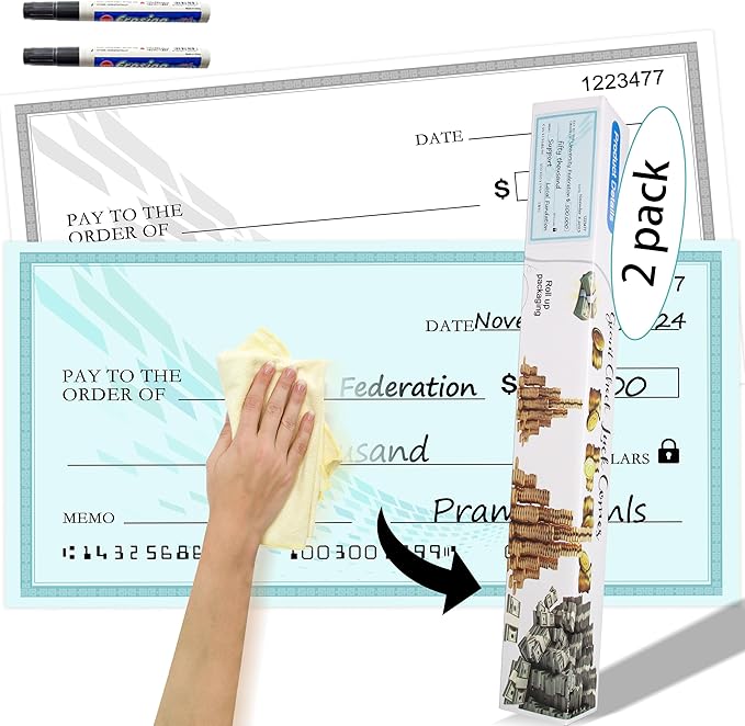 【2-Pack】30x16 Inch Big Check Giant Check Double-Sided Dry Erase Award Check | Waterproof Laminated Presentation Plaques for Presentations | Includes 2 Black Markers (Green & Black)