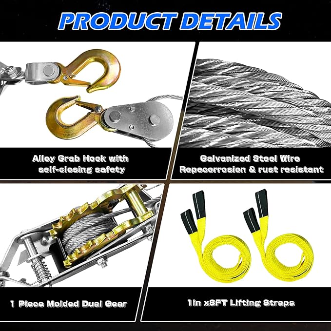 Come Along Winch 2-Ton with Two 1" x8FT Lifting Sling Heavy Duty Power Cable Come Along Tool with Dual Gears 7 Ft 2 Hooks Cable Winch Puller for Recovery Gear
