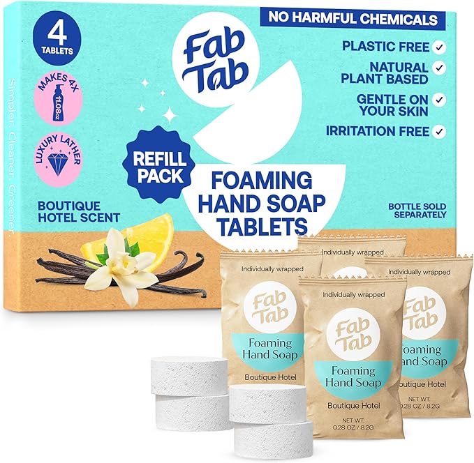 Fab Tab Foaming Hand Soap Kit - Natural Hand Soap - Bathroom Hand Wash - Plant-Based - No Harsh Chemicals - Boutique Hotel scent - 4 Pack. Makes 4 x 11.9 fl oz (Bottle Not Included)