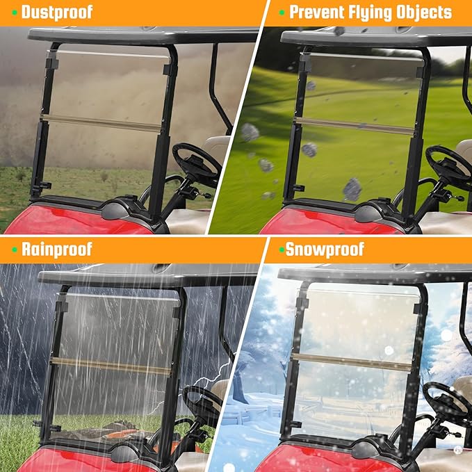 Golf Cart Foldable Windshield Fits 2008-Up EZGO RXV / Freedom RXV Only, 3/16" (5MM) Thicken Fits 1-1/4" Struts, Front Folding Windshield Replacement, Included Hardware
