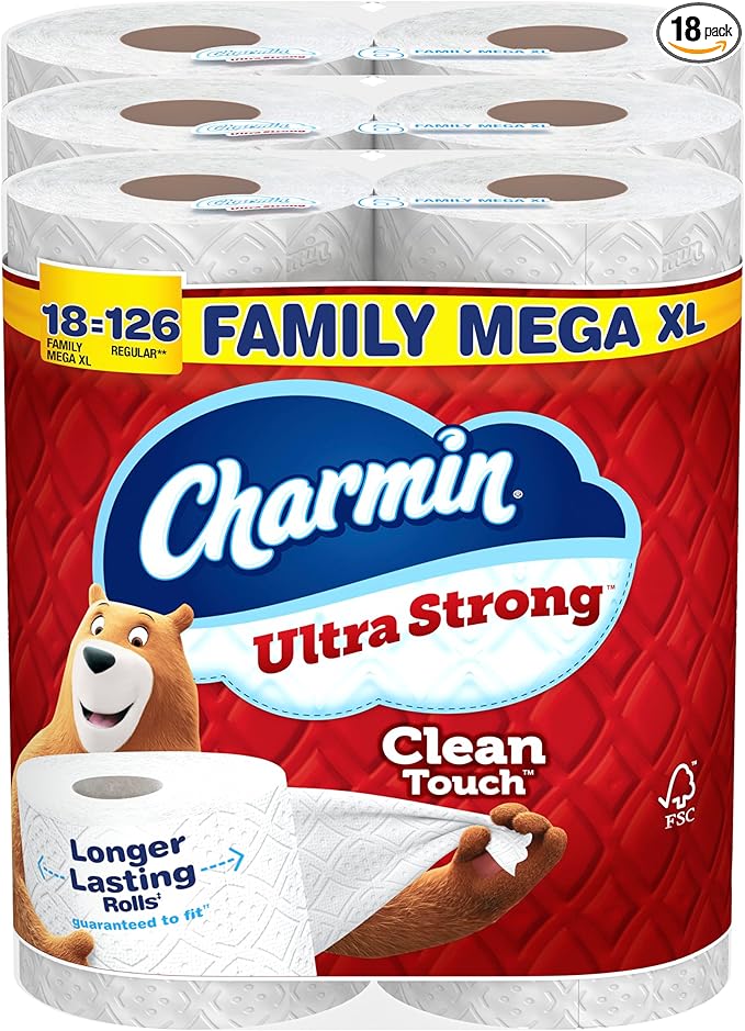 Charmin Toilet Paper Ultra Strong Clean Touch, 18 Family Mega XL Rolls = 126 Regular Rolls (Packaging May Vary)