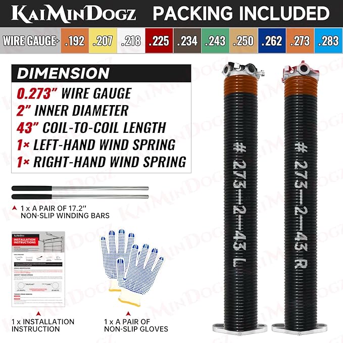 Pair of 2" Garage Door Torsion Springs Set with Non-Slip Winding Bar & Gloves,High Precision Electrophoresis Black Coated, for Replacement & Installation, MIN 16,000 Cycles (0.273x2''x43'')