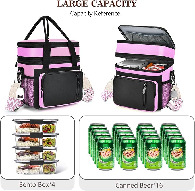 LOKASS Lunch Box & Lunch Bag for Women Men Double Deck, Large Insulated Adult Lunch Box Leakproof Lunchbox Cooler Bag for Work Picnic Beach,（Pink&Black 16L）