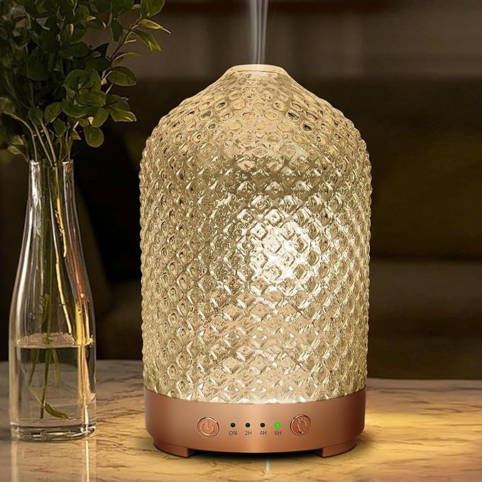 Glass Essential Oil Diffuser 200ml-Ultrasonic Aroma Diffuser with Glass Dome, Aromatherapy Diffuser with 4 Timers 7 Color LED Lights Waterless Auto Off for Home Office Yoga Gift