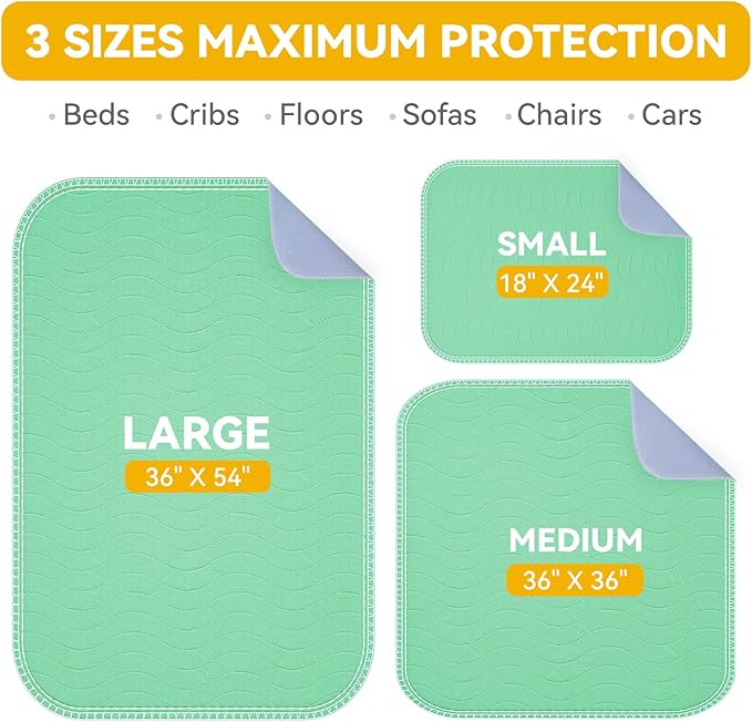 Washable Underpads Waterproof, 4 Pack 36" x54'' Heavy Absorbency Incontinence Bed Pads, Bed Wetting Pads for Adults, Elderly, Kids and Pets, Soft Reusable Changing Pads for Bed