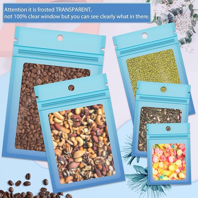 Funfery 100 Pcs Resealable Smell Proof Bags for Food Storage,Clear Cute Gradient Mylar Bags for Small Business Foil Zipper Packaging Bag for Sample Jewelry Eyelash Gloss(Blue Blue,3.1×4.7in)