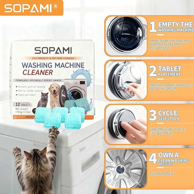 SOPAMI 24 Washing Machine Cleaner Tablets for Pet Owners HE Front Load and Top Load Washer Deep Cleaning Septic Safe Removes Stubborn Pet Hair Eliminates Pet Odors Prevents Pet Dander Build Up