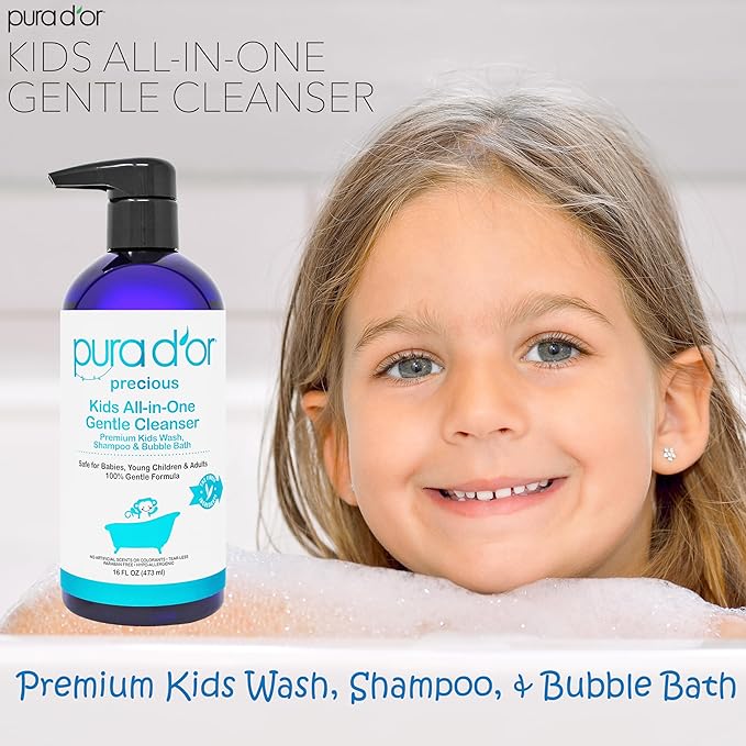 PURA D'OR Kids Wash (16oz x 2 = 32oz) All-in-One Gentle Cleanser - USDA Biobased, Sulfate-Free, Tear-Less, Hypoallergenic, Premium, Shampoo & Bubble Bath