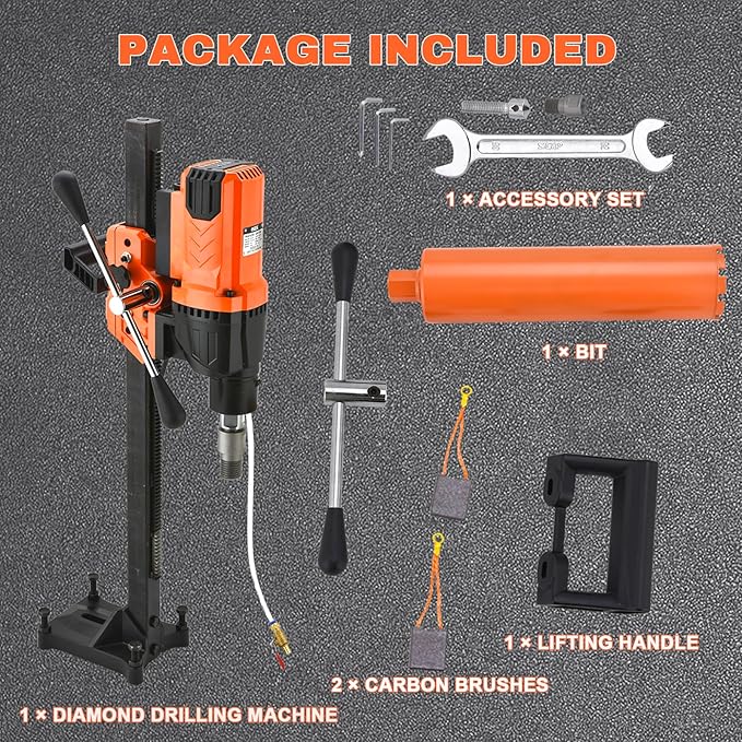 BHTOP Diamond Core Drilling Machine with Bit, 8 in Wet Concrete Core Drill Rig with Stand Wheel, 750RPM Speed & 1-1/4" Thread & Lifting Handle, Drilling Diameter for Concrete Brick Stone