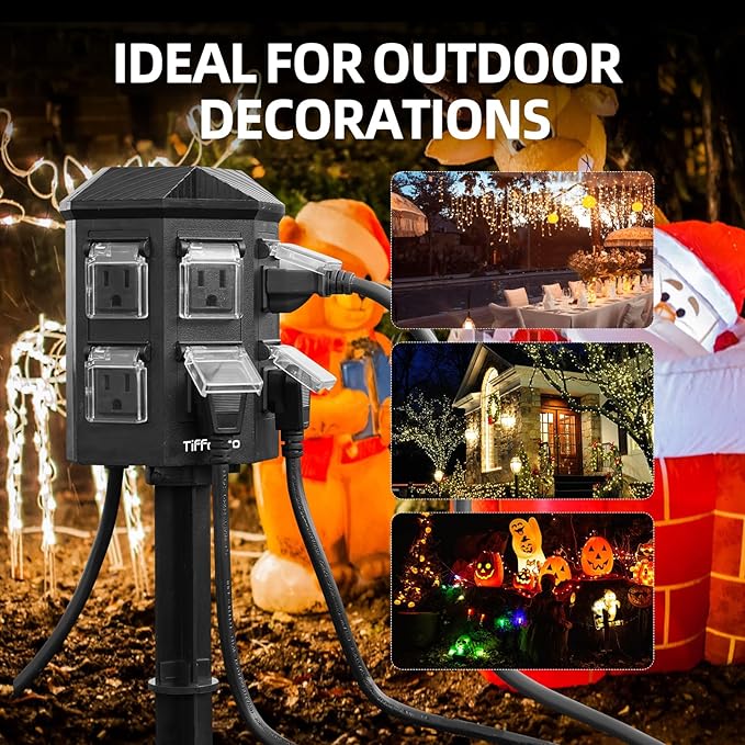 TiFFCOFiO Outdoor Power Strip with 50 FT Extension Cord, 100FT Remote Control, Dusk to Dawn Light Timer Waterproof, 6 Grounded Outlets for Yard, Pool and Garden, ETL Listed (50 FT)
