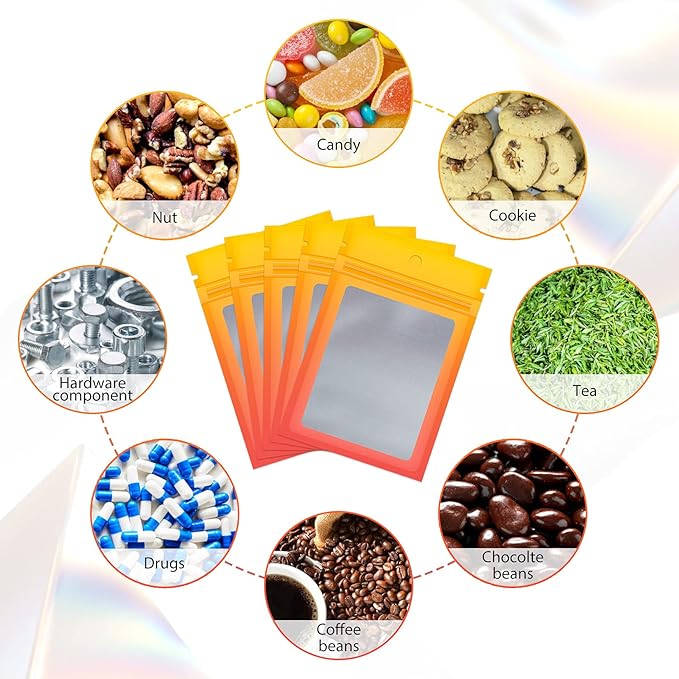 Funfery 100 Pieces Resealable Smell Proof Bags for Food Storage,Clear Cute Mylar Bags for Small Business Foil Sealing Zipper Packaging Bag for Sample Jewelry Eyelash Gloss(Yellow Orange,5.9×8.6in)