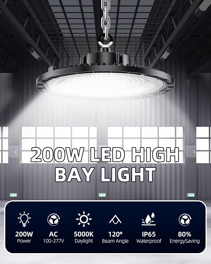 THELUX High Bay LED Shop Lights 200W Super High Bright 30000LM 5000K UFO LED High Bay Lights (Eqv1000w Mh/Hps/Hid) with US Hook Plug & 5' Cable for Warehouse Workshop Factory Barn Garage - 1PACK