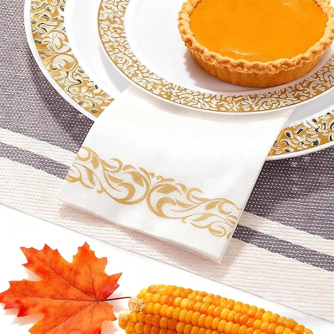 200 Disposable Hand Towels Soft and Absorbent Linen Feel Dinner Napkin Durable Decorative Bathroom Hand Napkins Good for Kitchen, Thanksgiving, Parties, Weddings, Dinners or Events White and Gold