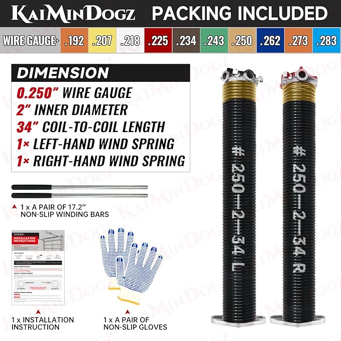 Pair of 2" Garage Door Torsion Springs Set with Non-Slip Winding Bar & Gloves,High Precision Electrophoresis Black Coated, for Replacement & Installation, MIN 16,000 Cycles (0.250x2''x34'')