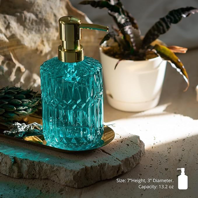 EMPO Clear Glass Soap Dispenser with ABS Plastic Pump, Crystal Lotion Dispensers for Kitchen Sink, Bathroom (Ocean Teal)