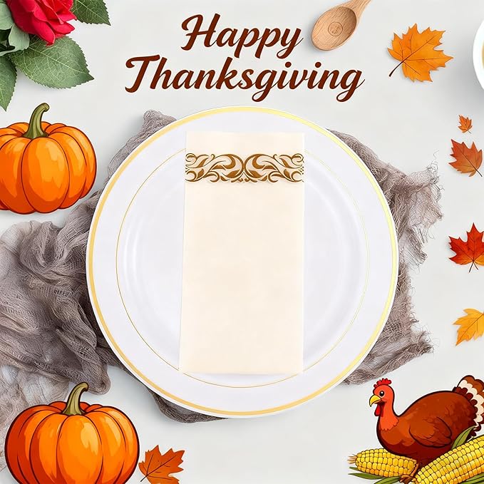 JOLLY CHEF 100 Disposable Hand Towels, Soft and Absorbent Linen Feel Dinner Napkin, Elegant Decorative Paper Guest Towels for Kitchen, Bathroom,Thanksgiving, Weddings,Parties, Gold and White