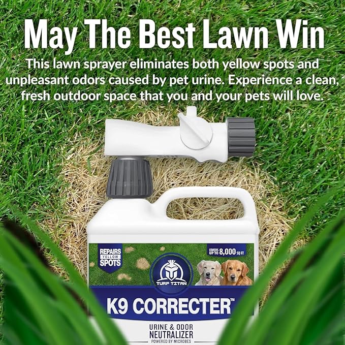 Turf Titan K9 Correcter w/Hose End– Dog Urine Neutralizer for Lawn (32 oz) – Urine Neutralizer For Dogs to Revive your Grass – Lawn Care Solution for Green, Odor-Free Grass – Covers Up to 8,000 Sq Ft