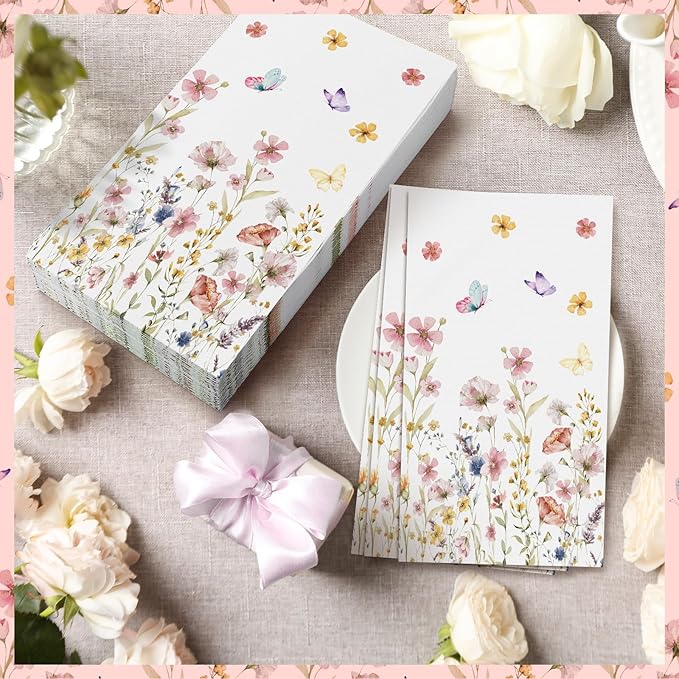 Jetec 200 Pcs Floral Disposable Hand Towels for Bathroom Spring Floral Guest Napkins 2 Ply Flowers Bathroom Guest Towel Napkins Spring Disposable Guests for Birthday Holiday Tea Dinner Party