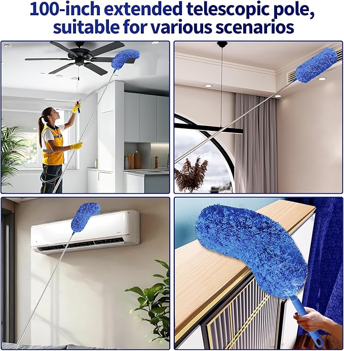 Cobweb Duster with Extension Pole, Washable Cleaning Duster Set with 2 Duster Heads, Spider Web Brush with Pole,high Ceiling Duster with Extension Pole,Cleaning Supplies,Ceiling Fan Cleaner