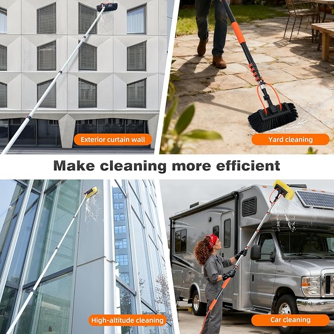 20FT Car Wash Brush with Long Handle, Car Cleaning Brush with 12" Soft Bristle and Hard Bristle, Telescopic Pole with Hose Attachment for Scratch-Free Cleaning Truck,RV,Boat,Siding,Solar Panels