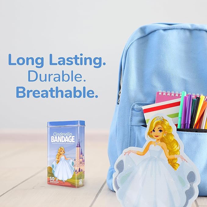 BioSwiss Kids Bandages, Princess Cinderella Shaped Self Adhesive Bandage Set, Latex Free, Sterile Wound Care, 50 Count