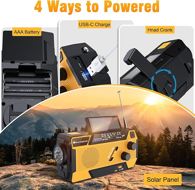 Emergency Crank Weather Radio: AM/FM/NOAA Weather Radio with 3 Built-in Cable - Hand Crank Radio with 2000mAh, Solar Charge, Hand Crank & Battery Operated, SOS Alarm, Flashlight for Outdoor Emergency
