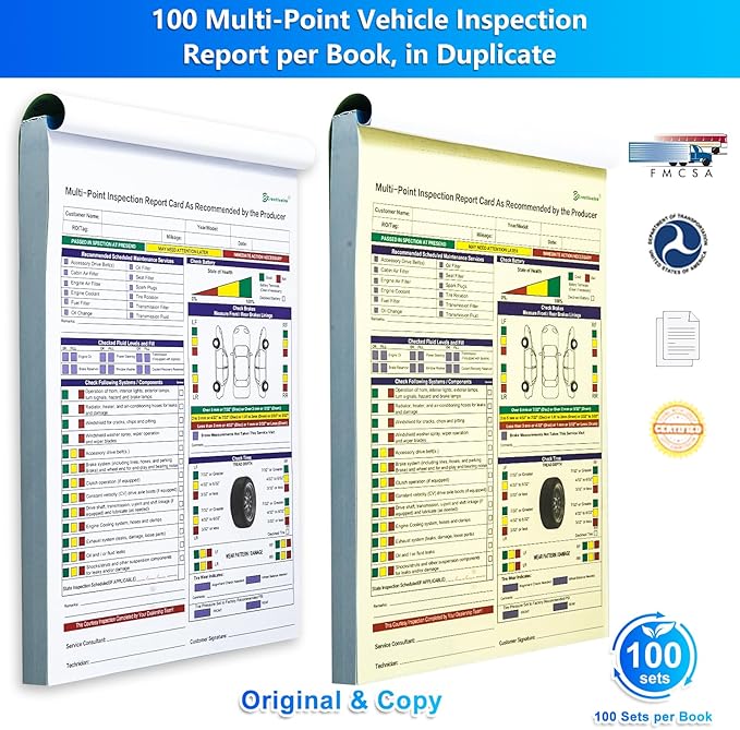 200 Sets Multi-Point Automotive/Vehicle Inspection Report Forms 2-ply Carbonless for Any Make of Vehicle, Inspection Checklist, DOT Compliant, 8-1/2 x 11-3/4”