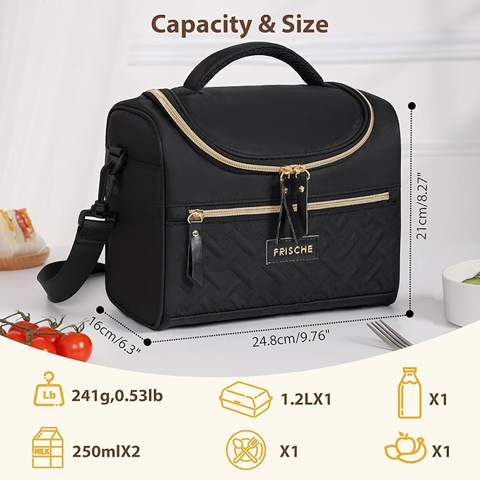 Insulated Lunch Bag, Portable Small Cooler Box, Reusable Leakproof Lunch Box Bag with Removable Strap for Work, Travel, Picnic (Black)